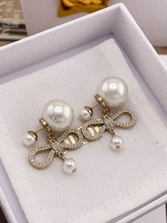 Dior Jewelry - Authentic Dior Gold Tone Pave Crystal Bow Pearl Drop Earrings
